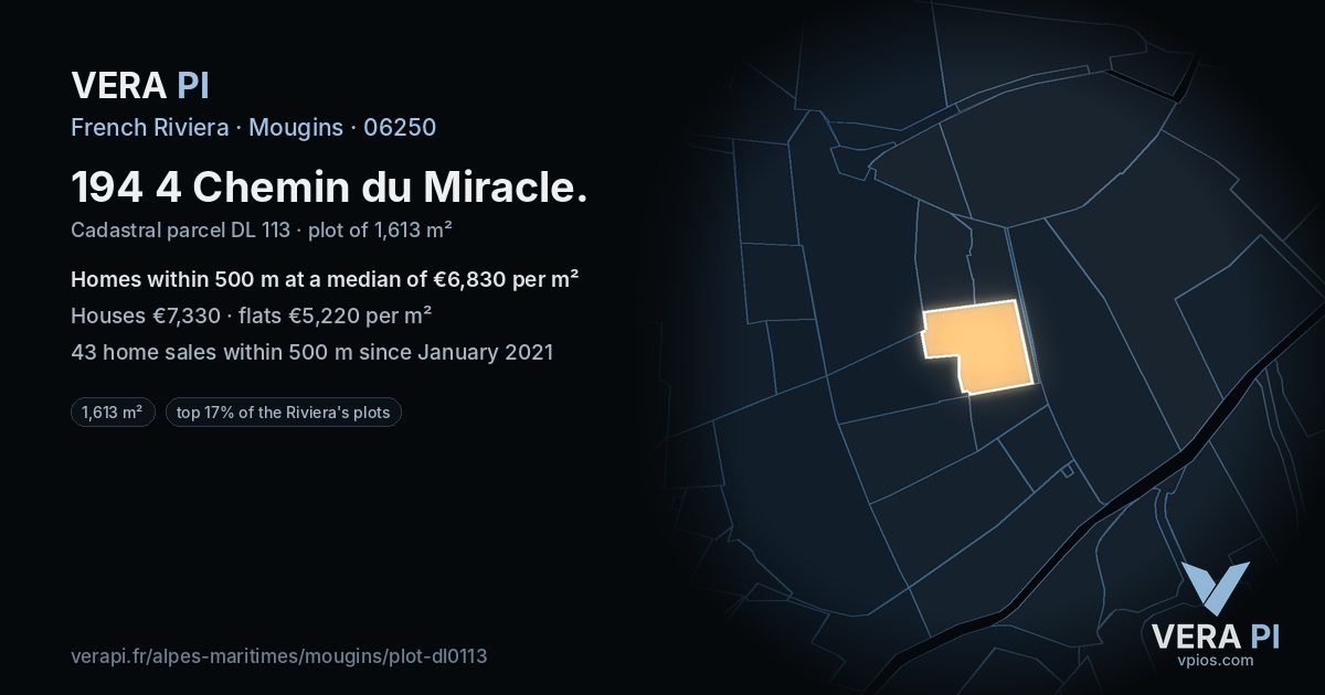 194 4 Chemin du Miracle, Mougins at night – the plot lit, the parcels around coloured by the prices near them