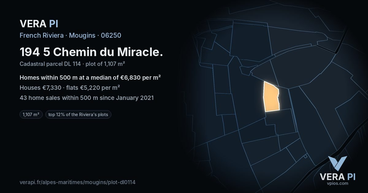 194 5 Chemin du Miracle, Mougins at night – the plot lit, the parcels around coloured by the prices near them