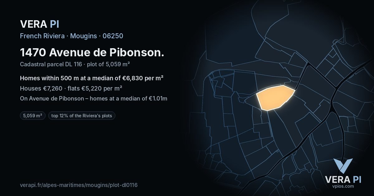 1470 Avenue de Pibonson, Mougins at night – the plot lit, the parcels around coloured by the prices near them