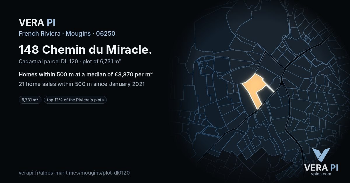 148 Chemin du Miracle, Mougins at night – the plot lit, the parcels around coloured by the prices near them