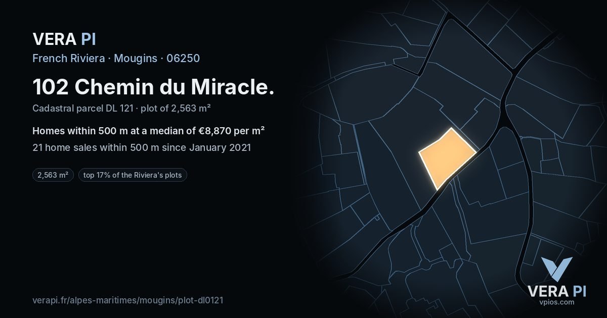 102 Chemin du Miracle, Mougins at night – the plot lit, the parcels around coloured by the prices near them