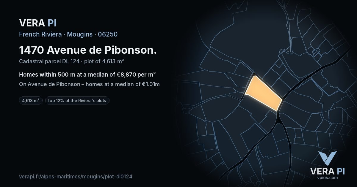 1470 Avenue de Pibonson, Mougins at night – the plot lit, the parcels around coloured by the prices near them