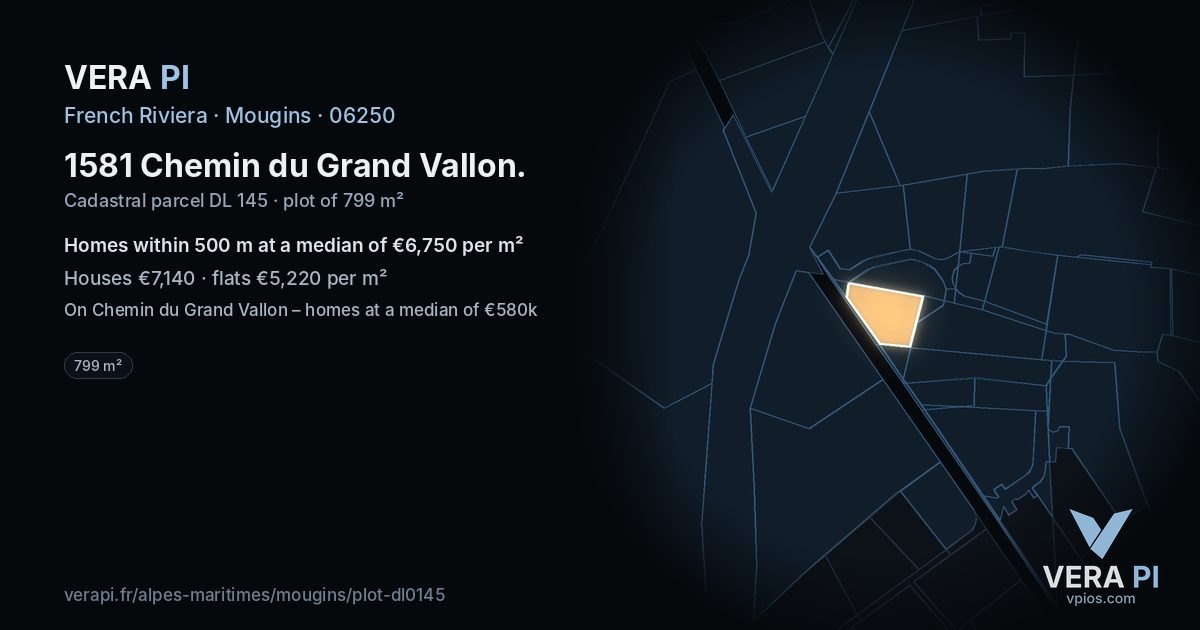 1581 Chemin du Grand Vallon, Mougins at night – the plot lit, the parcels around coloured by the prices near them