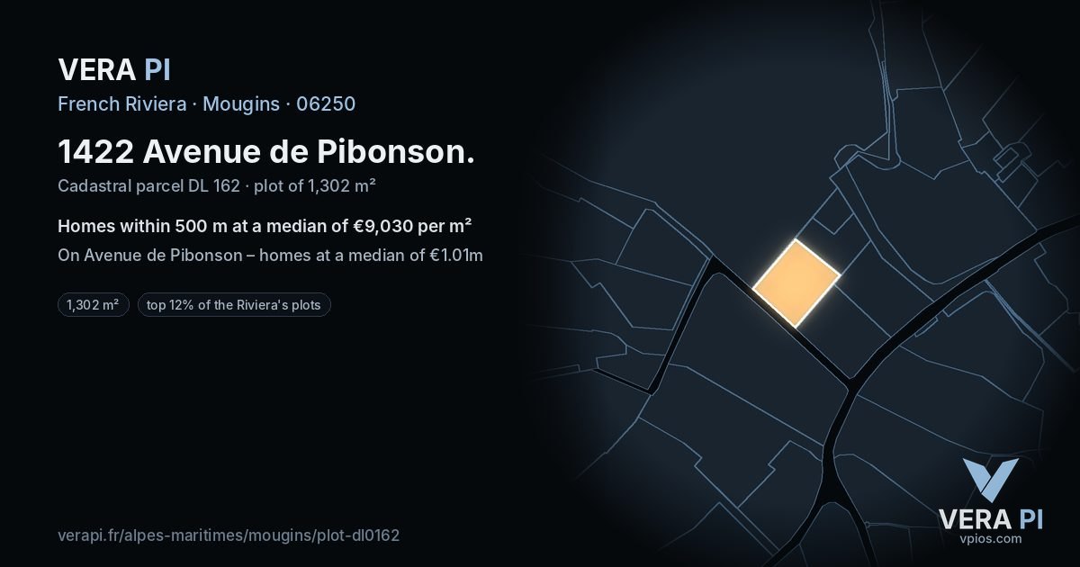 1422 Avenue de Pibonson, Mougins at night – the plot lit, the parcels around coloured by the prices near them