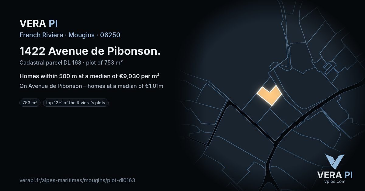 1422 Avenue de Pibonson, Mougins at night – the plot lit, the parcels around coloured by the prices near them