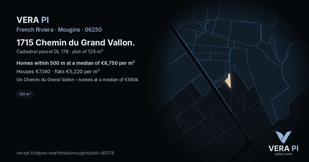 1715 Chemin du Grand Vallon, Mougins at night – the plot lit, the parcels around coloured by the prices near them