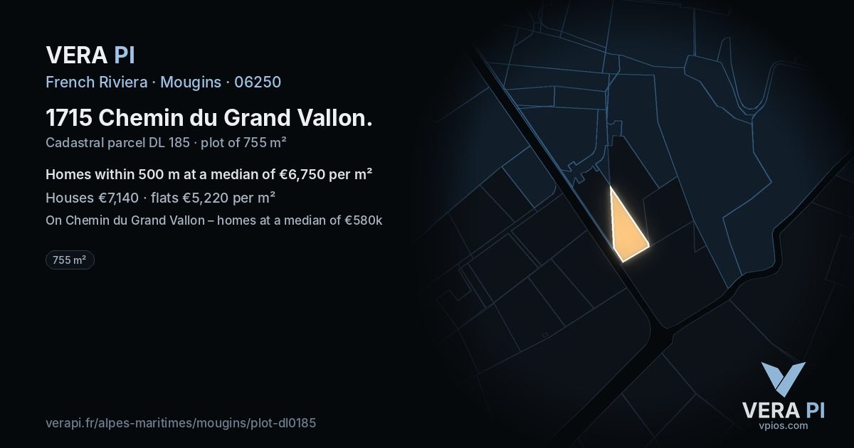 1715 Chemin du Grand Vallon, Mougins at night – the plot lit, the parcels around coloured by the prices near them