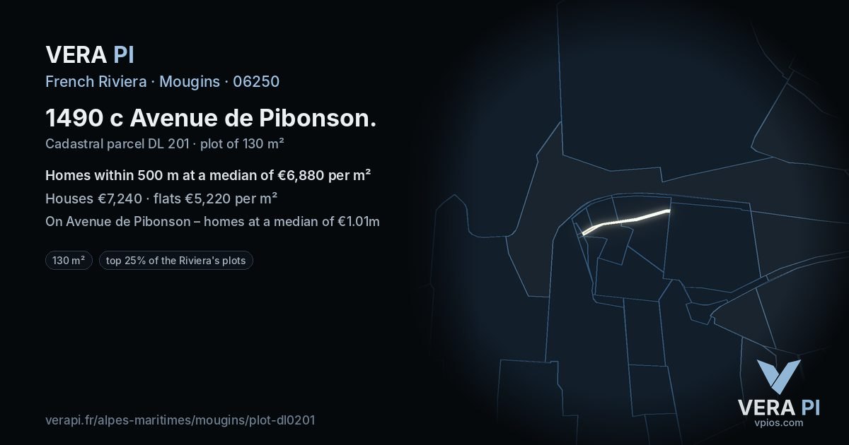 1490 c Avenue de Pibonson, Mougins at night – the plot lit, the parcels around coloured by the prices near them