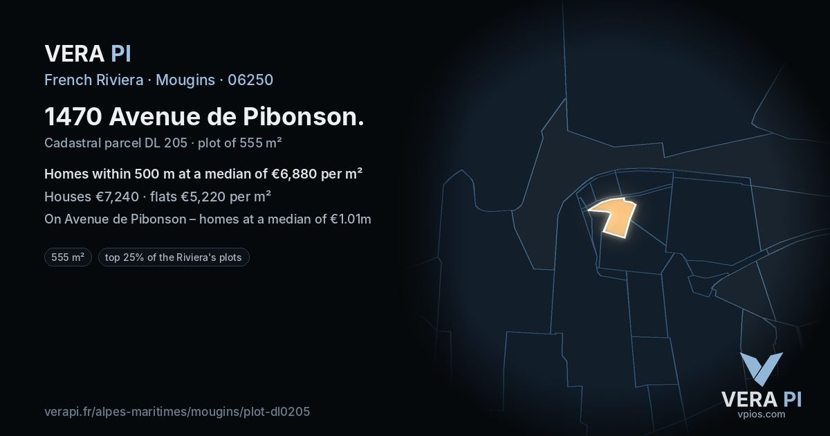 1470 Avenue de Pibonson, Mougins at night – the plot lit, the parcels around coloured by the prices near them