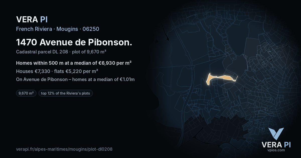 1470 Avenue de Pibonson, Mougins at night – the plot lit, the parcels around coloured by the prices near them