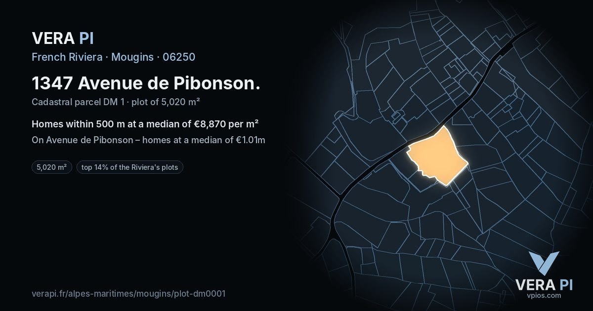 1347 Avenue de Pibonson, Mougins at night – the plot lit, the parcels around coloured by the prices near them