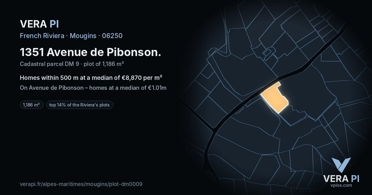 1351 Avenue de Pibonson, Mougins at night – the plot lit, the parcels around coloured by the prices near them