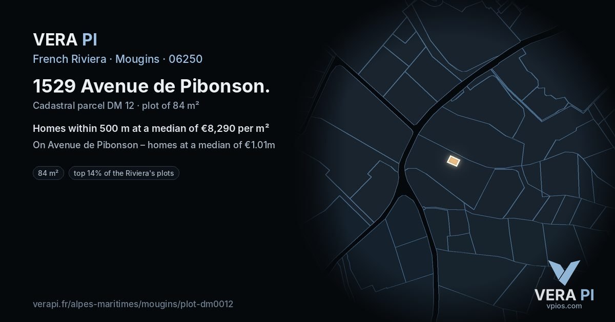 1529 Avenue de Pibonson, Mougins at night – the plot lit, the parcels around coloured by the prices near them