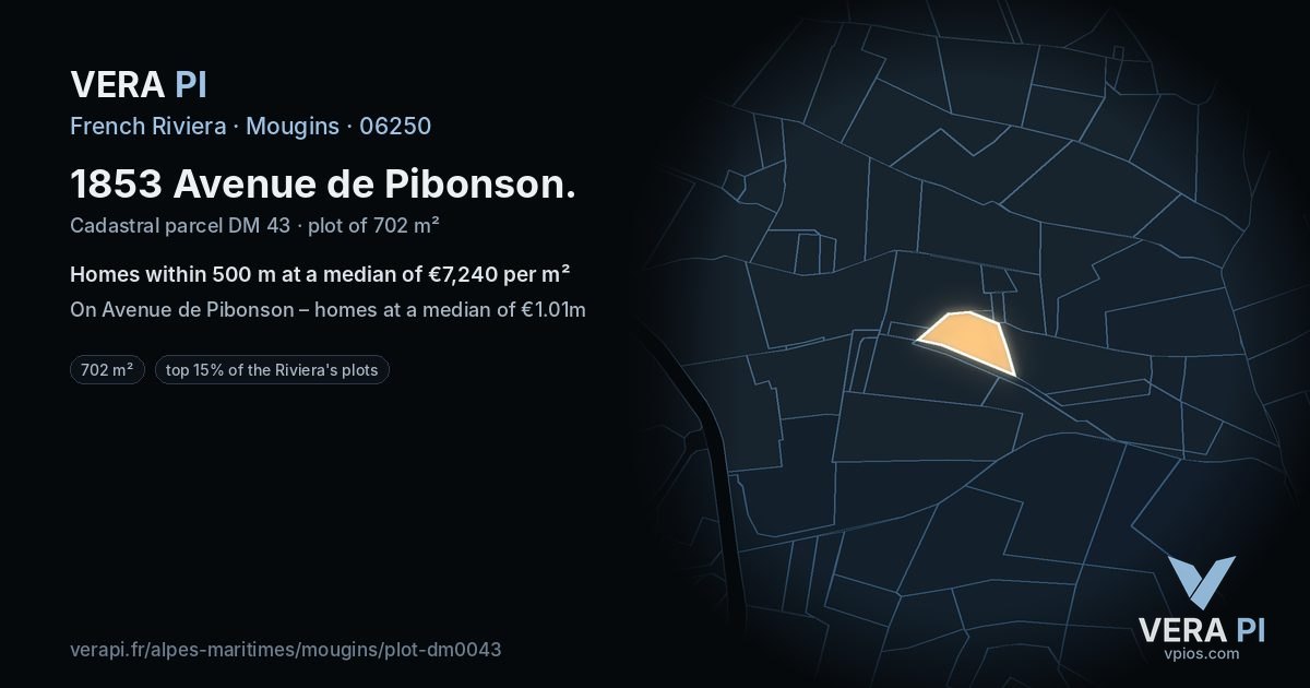 1853 Avenue de Pibonson, Mougins at night – the plot lit, the parcels around coloured by the prices near them