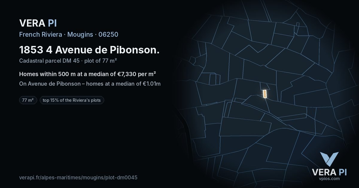 1853 4 Avenue de Pibonson, Mougins at night – the plot lit, the parcels around coloured by the prices near them