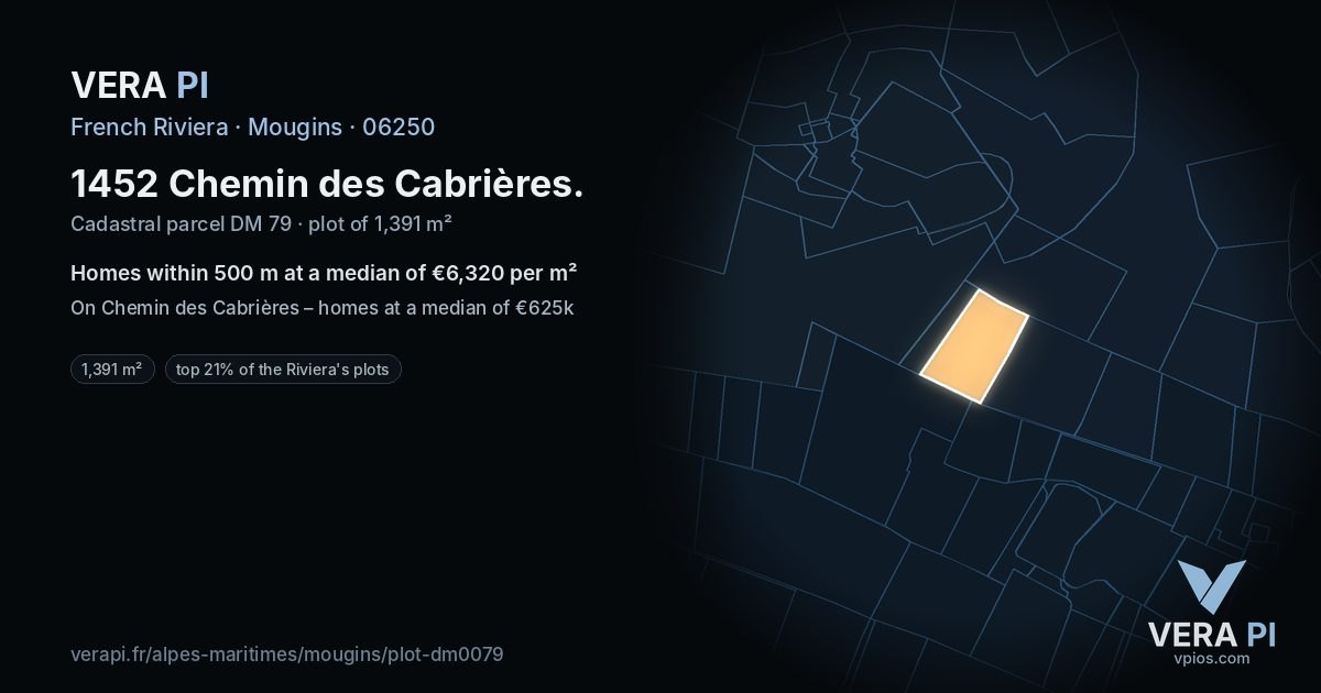 1452 Chemin des Cabrières, Mougins at night – the plot lit, the parcels around coloured by the prices near them