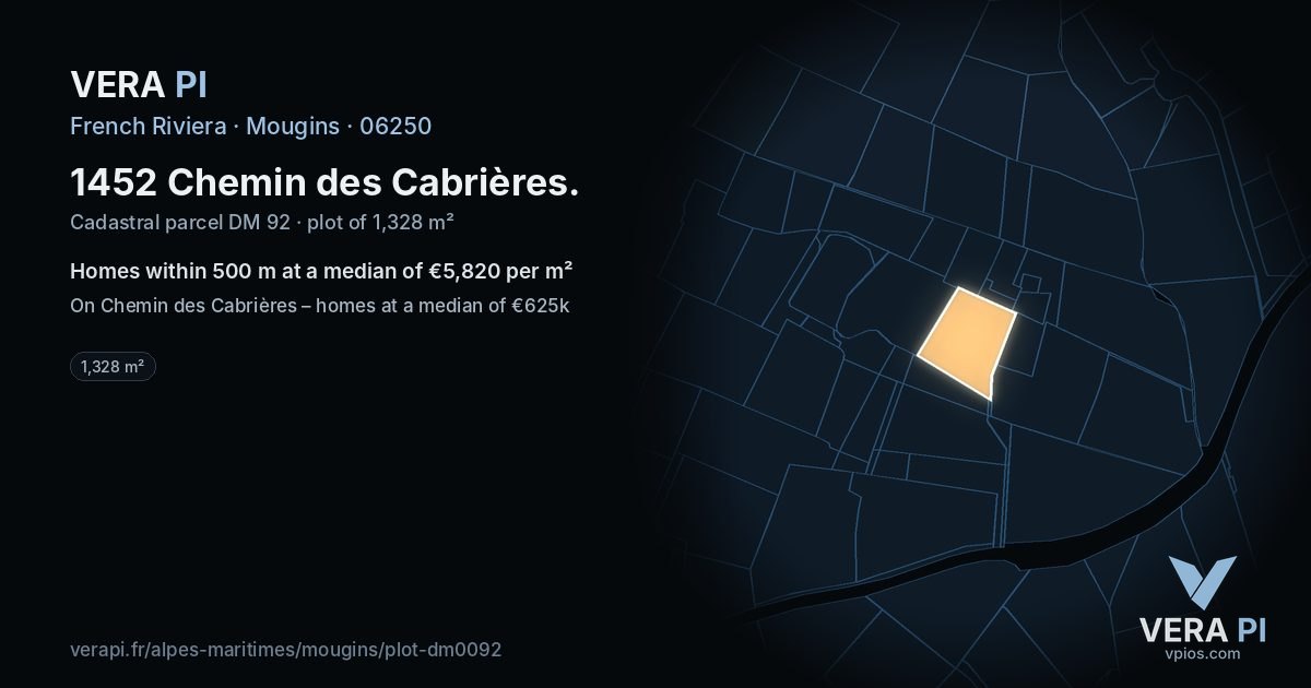 1452 Chemin des Cabrières, Mougins at night – the plot lit, the parcels around coloured by the prices near them