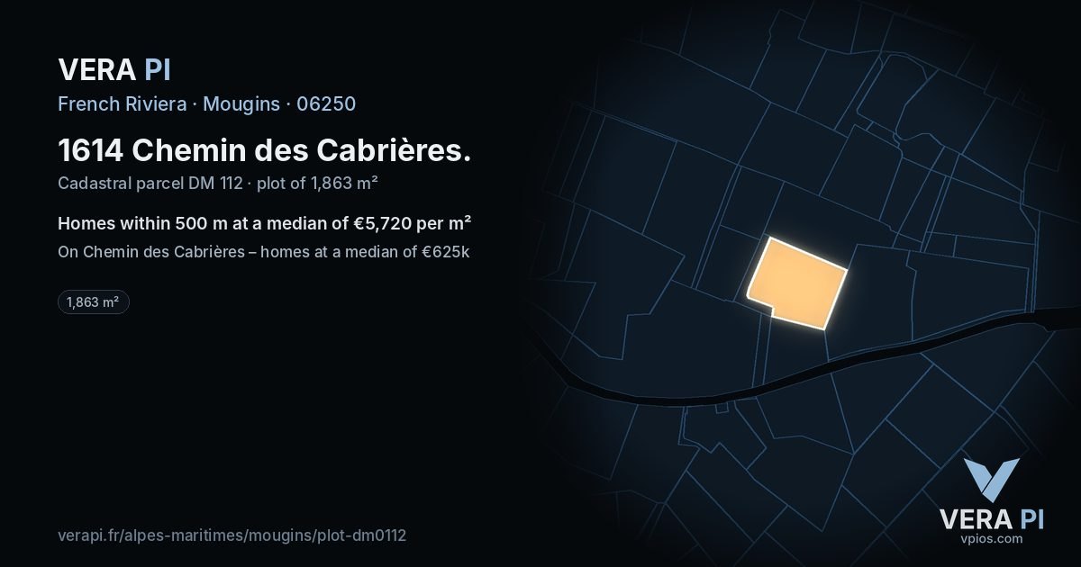 1614 Chemin des Cabrières, Mougins at night – the plot lit, the parcels around coloured by the prices near them