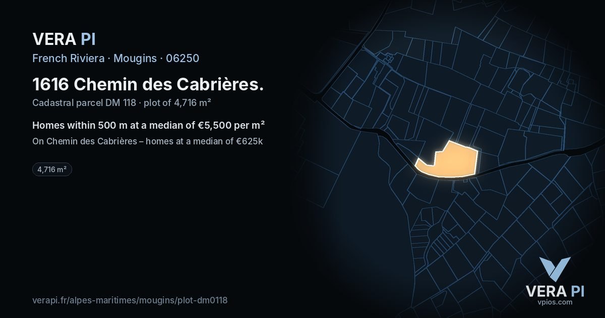 1616 Chemin des Cabrières, Mougins at night – the plot lit, the parcels around coloured by the prices near them