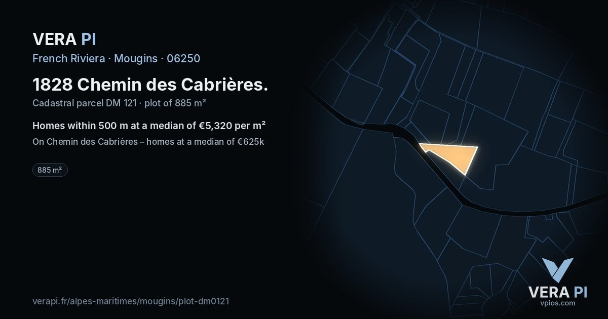 1828 Chemin des Cabrières, Mougins at night – the plot lit, the parcels around coloured by the prices near them