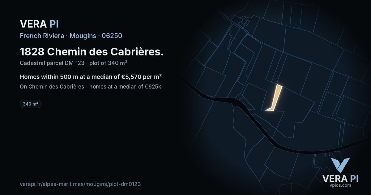1828 Chemin des Cabrières, Mougins at night – the plot lit, the parcels around coloured by the prices near them
