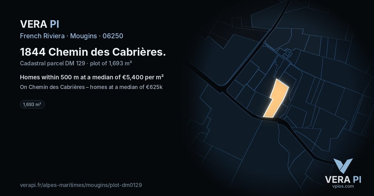 1844 Chemin des Cabrières, Mougins at night – the plot lit, the parcels around coloured by the prices near them