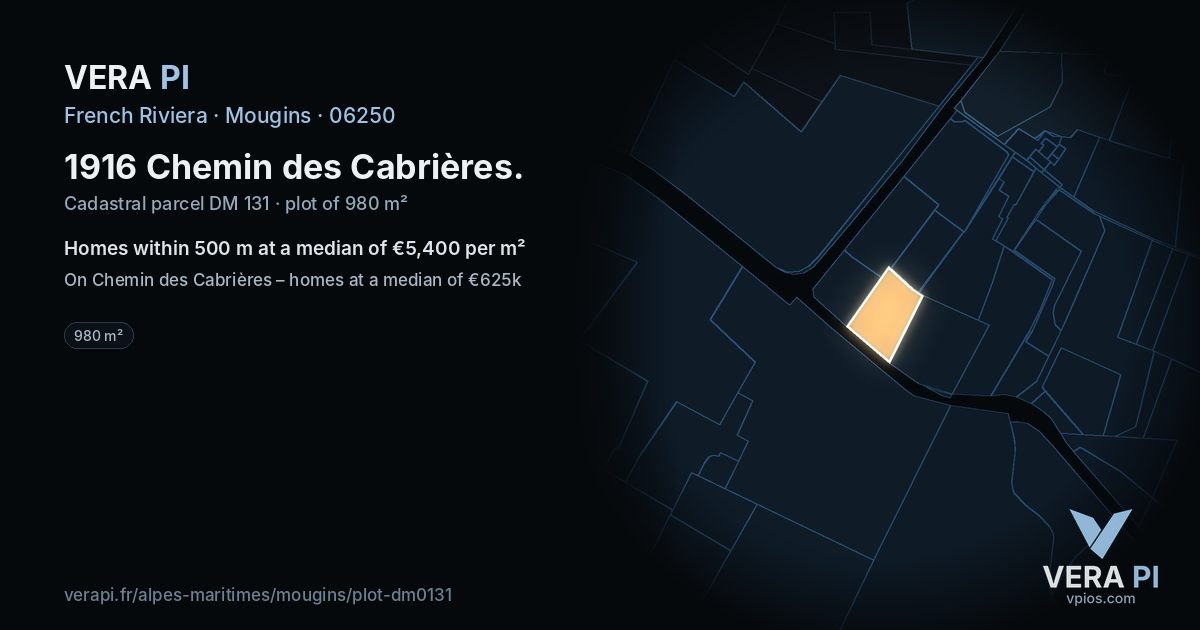 1916 Chemin des Cabrières, Mougins at night – the plot lit, the parcels around coloured by the prices near them