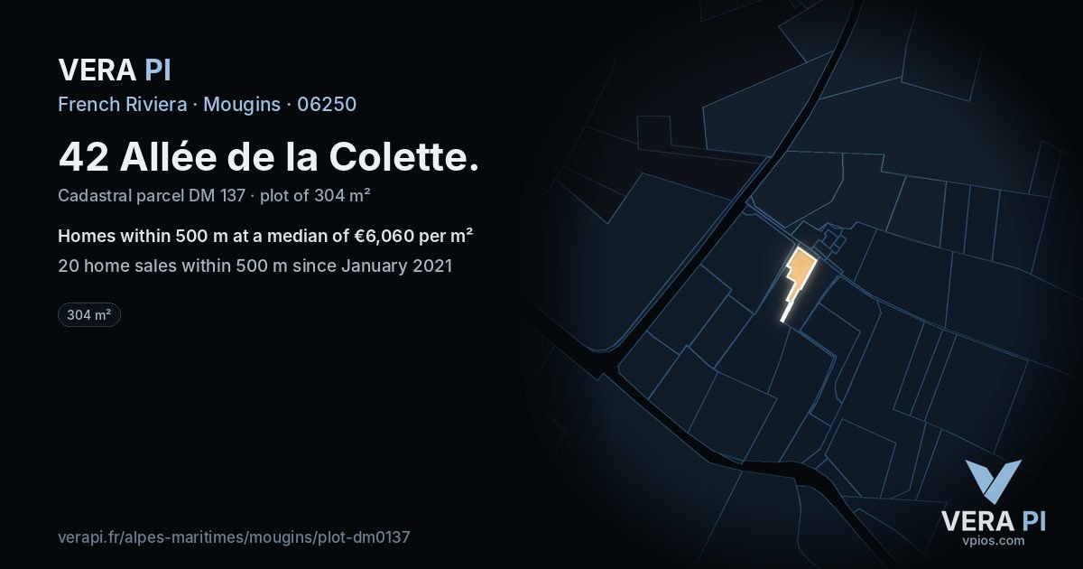 42 Allée de la Colette, Mougins at night – the plot lit, the parcels around coloured by the prices near them
