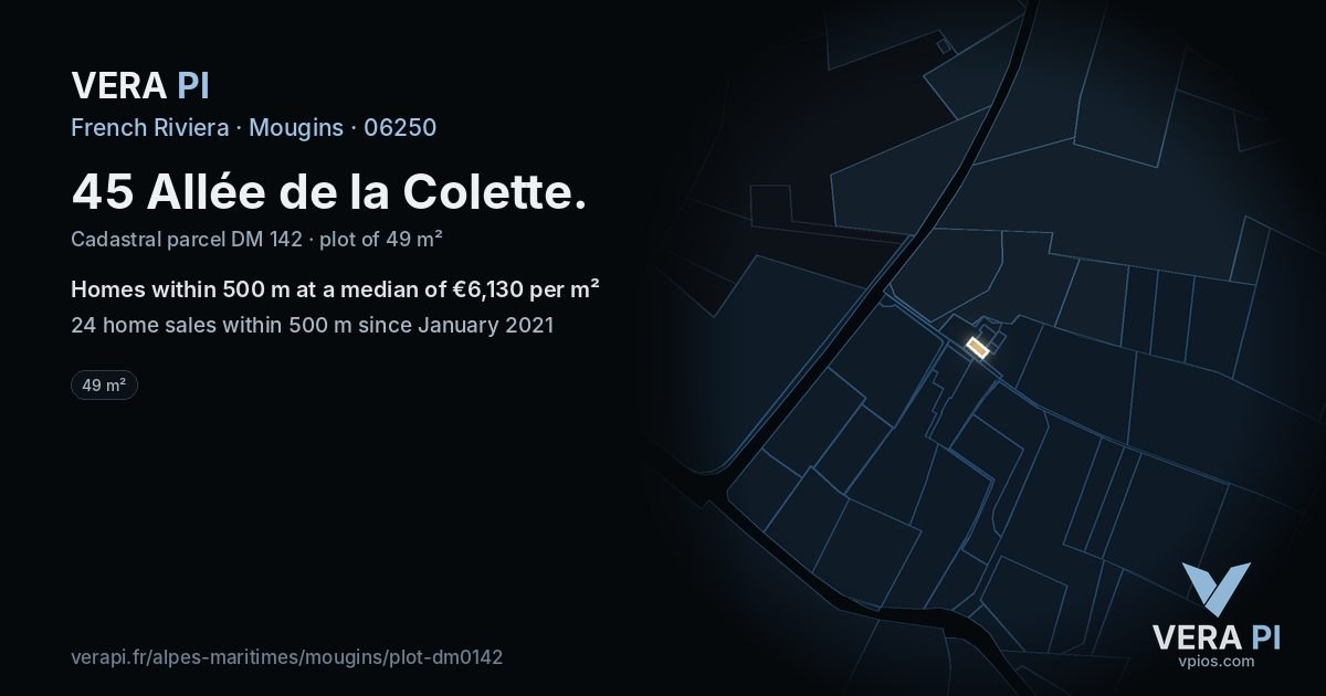 45 Allée de la Colette, Mougins at night – the plot lit, the parcels around coloured by the prices near them