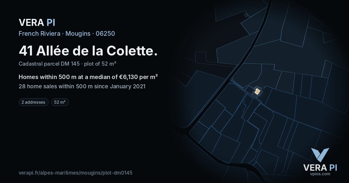 41 Allée de la Colette, Mougins at night – the plot lit, the parcels around coloured by the prices near them