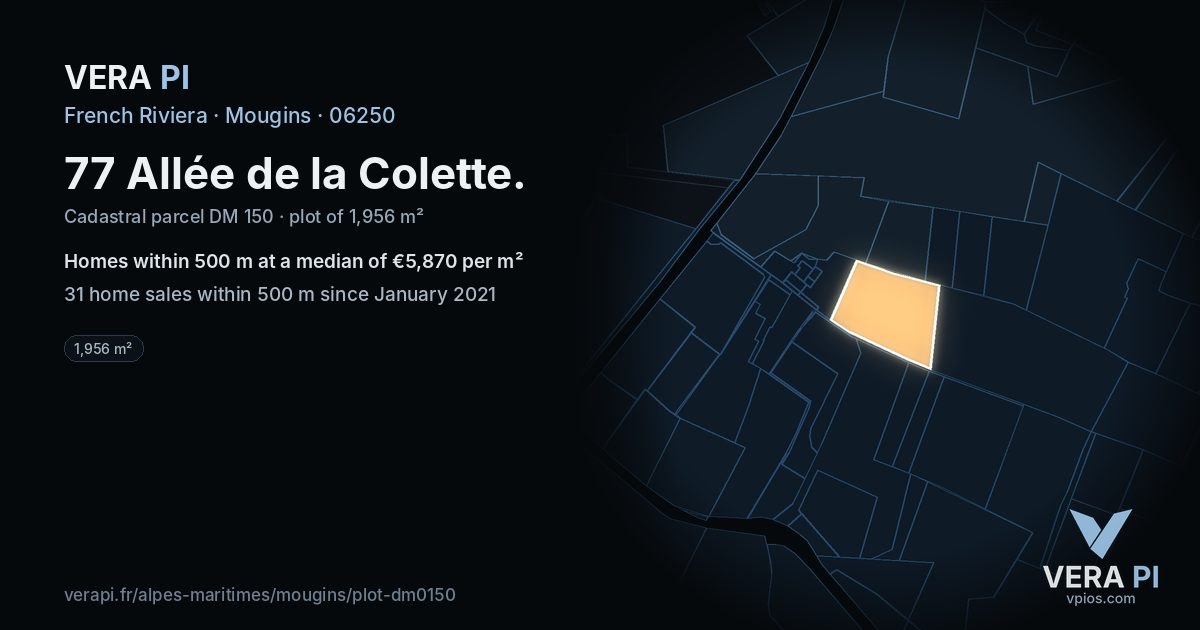 77 Allée de la Colette, Mougins at night – the plot lit, the parcels around coloured by the prices near them