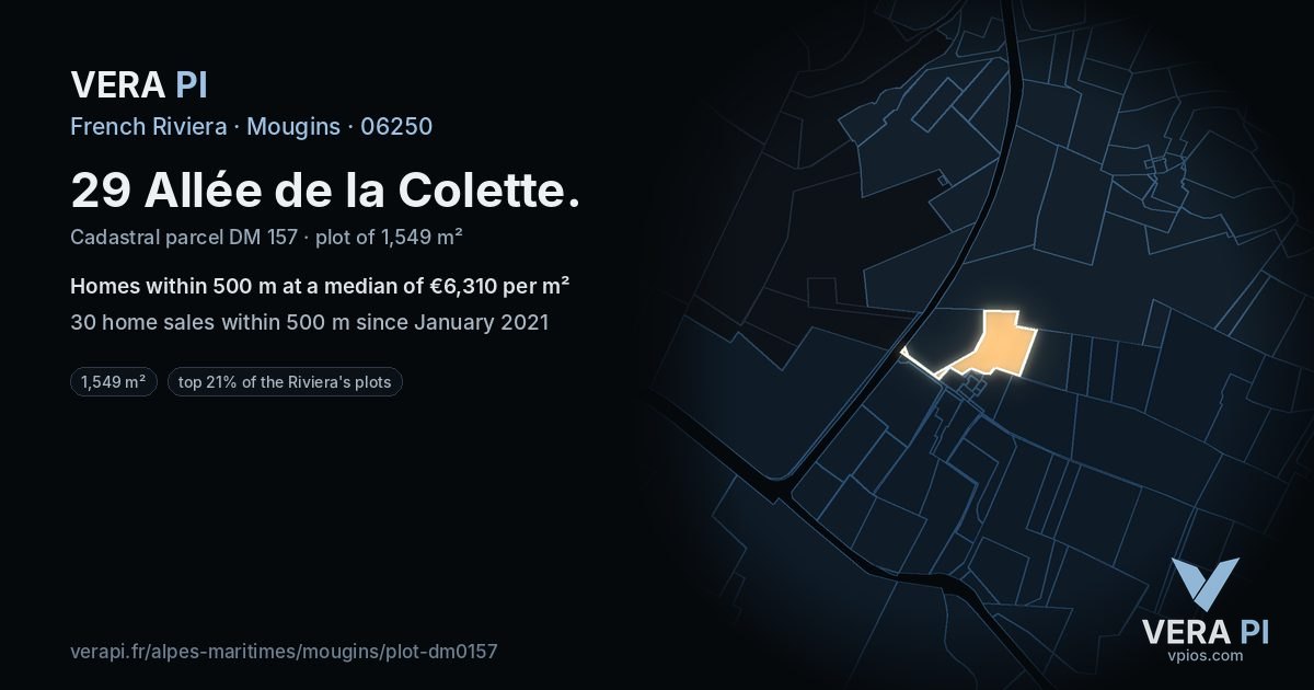 29 Allée de la Colette, Mougins at night – the plot lit, the parcels around coloured by the prices near them