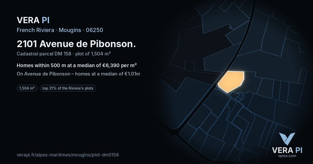 2101 Avenue de Pibonson, Mougins at night – the plot lit, the parcels around coloured by the prices near them
