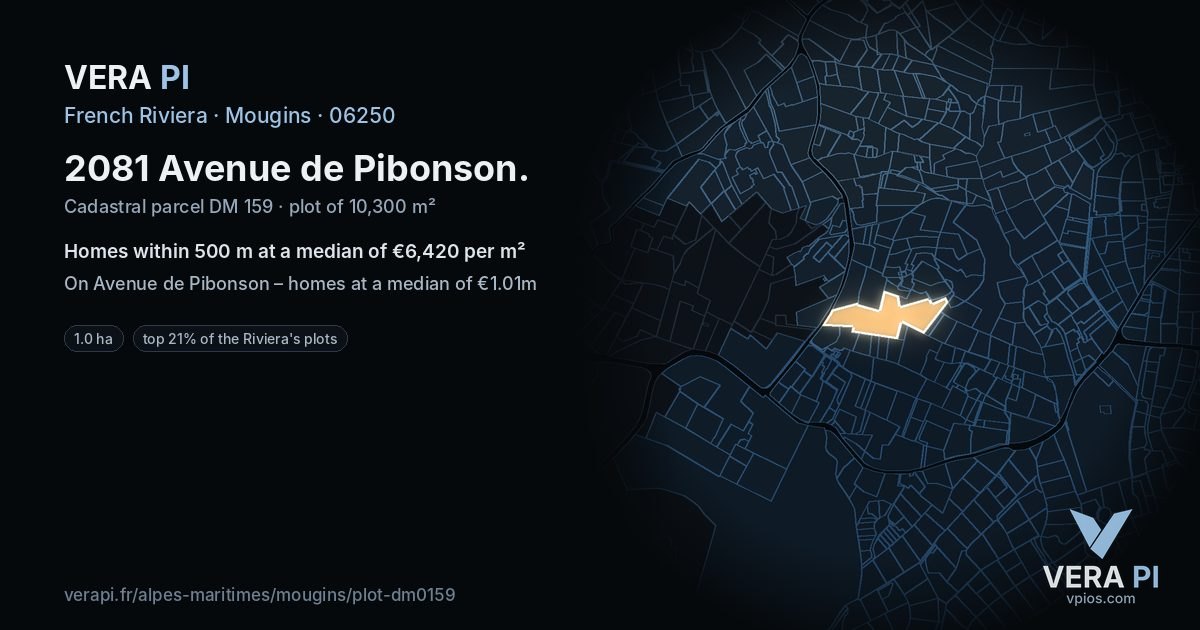 2081 Avenue de Pibonson, Mougins at night – the plot lit, the parcels around coloured by the prices near them