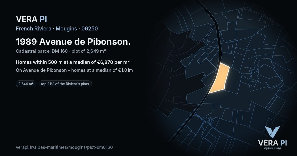 1989 Avenue de Pibonson, Mougins at night – the plot lit, the parcels around coloured by the prices near them