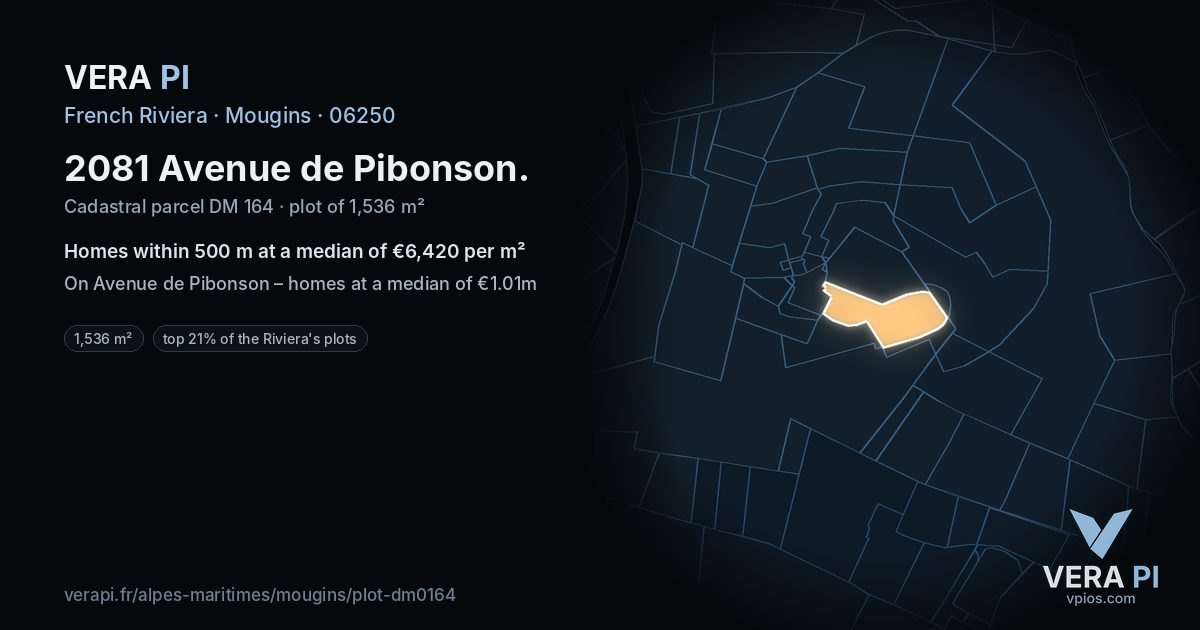 2081 Avenue de Pibonson, Mougins at night – the plot lit, the parcels around coloured by the prices near them