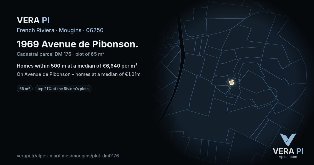 1969 Avenue de Pibonson, Mougins at night – the plot lit, the parcels around coloured by the prices near them