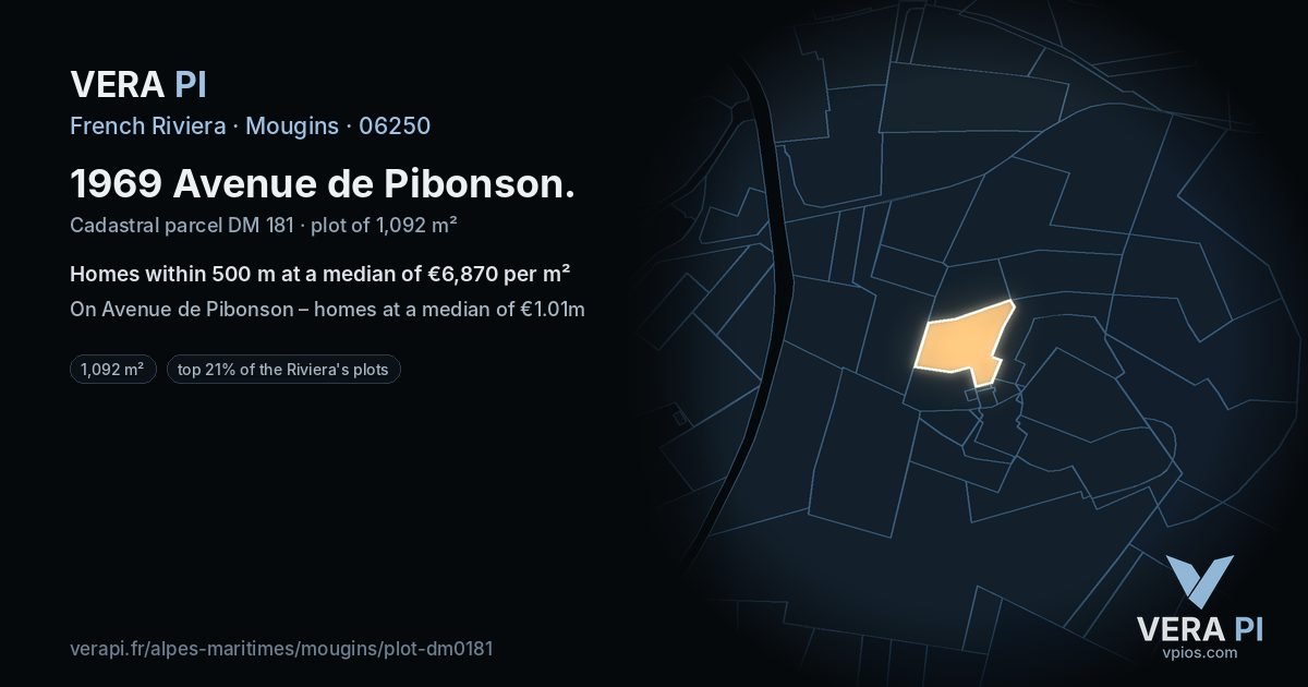 1969 Avenue de Pibonson, Mougins at night – the plot lit, the parcels around coloured by the prices near them