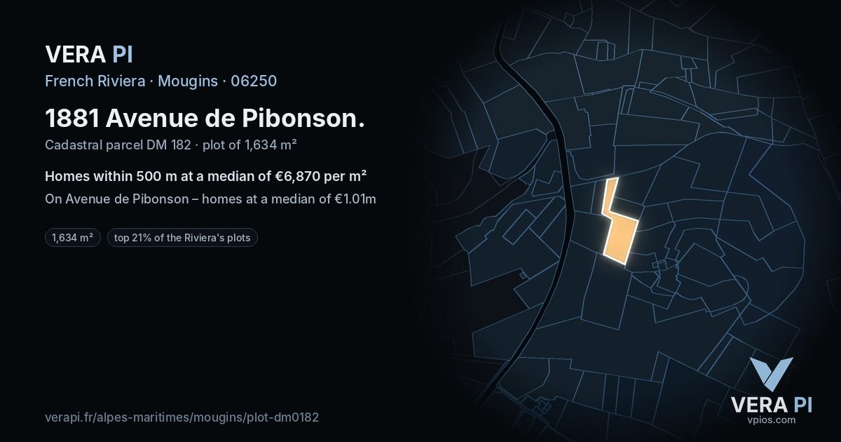 1881 Avenue de Pibonson, Mougins at night – the plot lit, the parcels around coloured by the prices near them