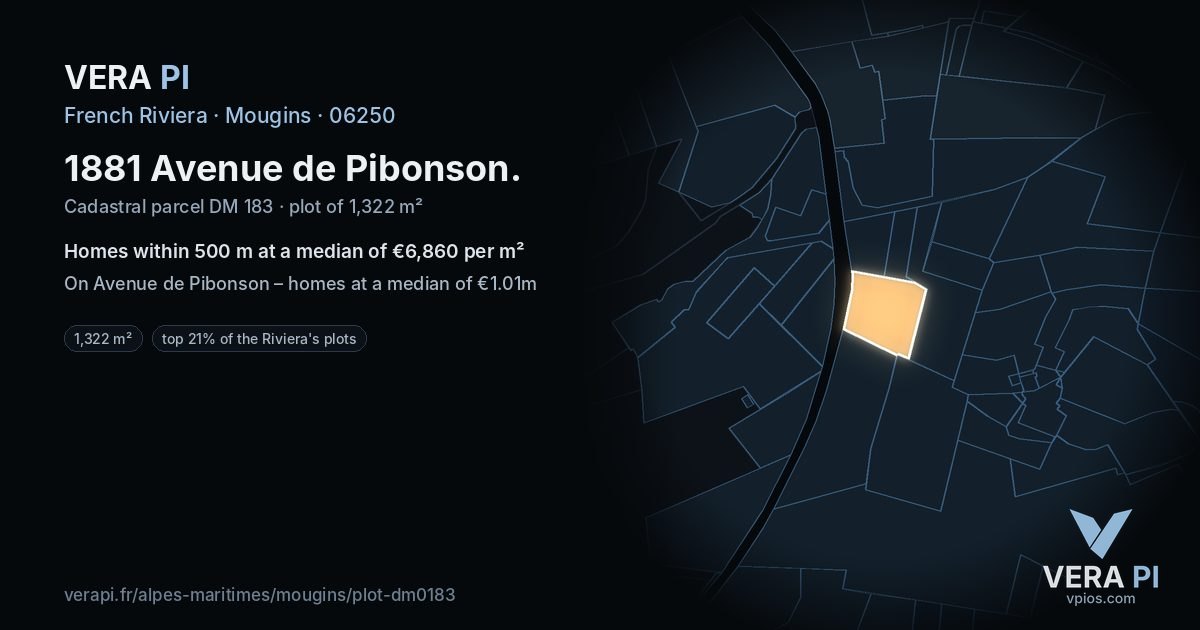 1881 Avenue de Pibonson, Mougins at night – the plot lit, the parcels around coloured by the prices near them