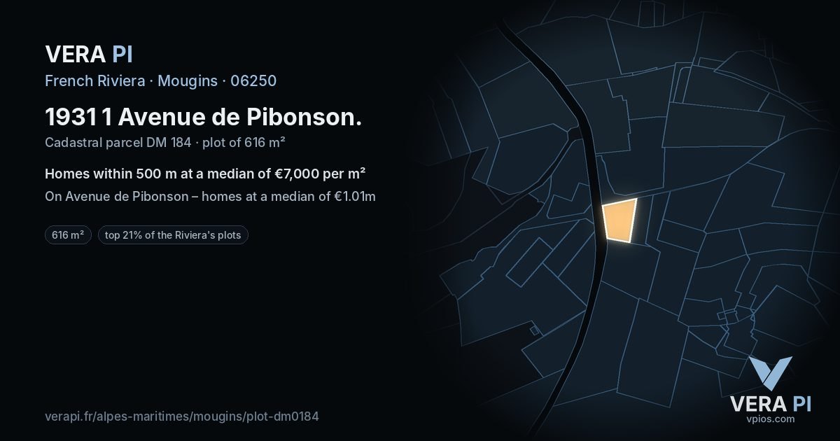 1931 1 Avenue de Pibonson, Mougins at night – the plot lit, the parcels around coloured by the prices near them