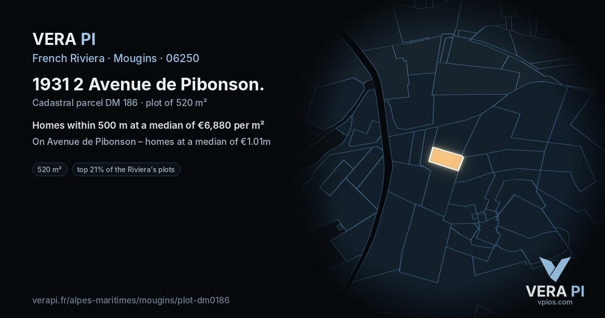1931 2 Avenue de Pibonson, Mougins at night – the plot lit, the parcels around coloured by the prices near them