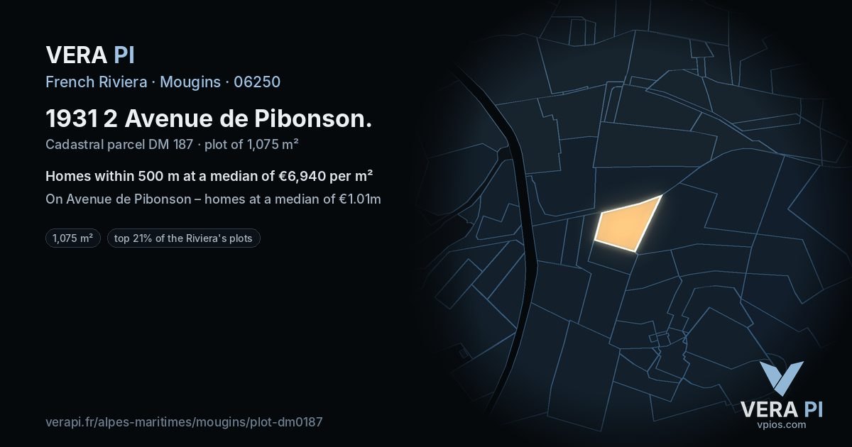 1931 2 Avenue de Pibonson, Mougins at night – the plot lit, the parcels around coloured by the prices near them