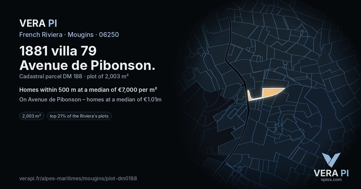 1881 villa 79 Avenue de Pibonson, Mougins at night – the plot lit, the parcels around coloured by the prices near them