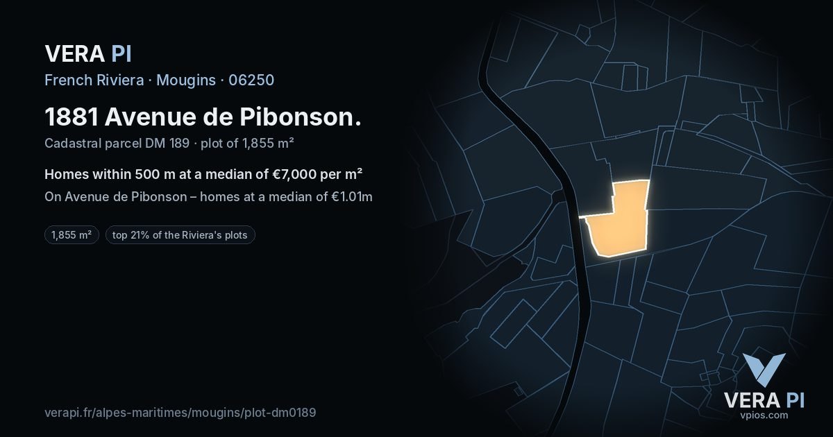 1881 Avenue de Pibonson, Mougins at night – the plot lit, the parcels around coloured by the prices near them