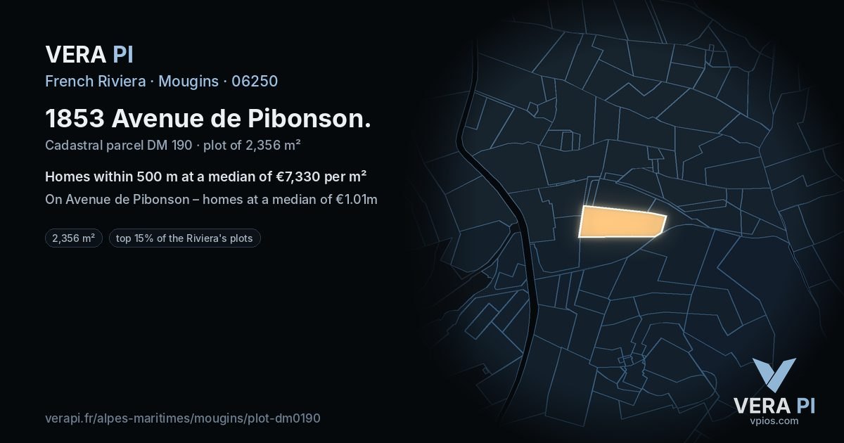 1853 Avenue de Pibonson, Mougins at night – the plot lit, the parcels around coloured by the prices near them