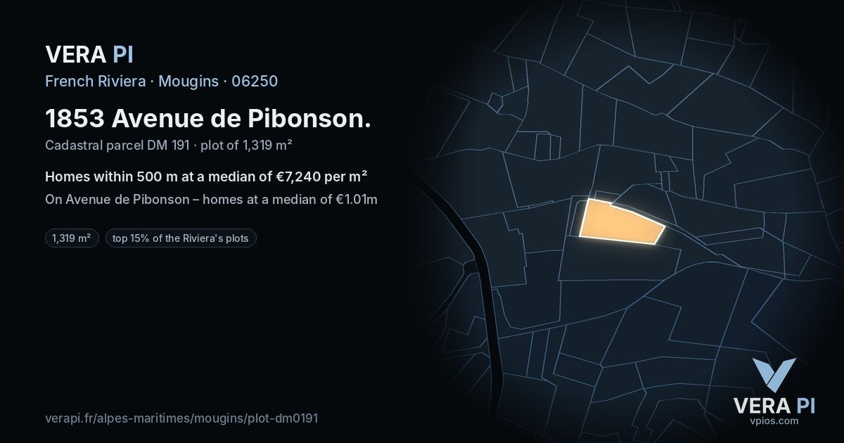 1853 Avenue de Pibonson, Mougins at night – the plot lit, the parcels around coloured by the prices near them