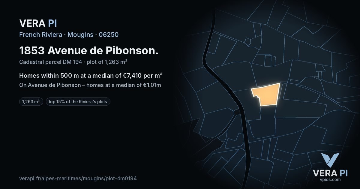 1853 Avenue de Pibonson, Mougins at night – the plot lit, the parcels around coloured by the prices near them