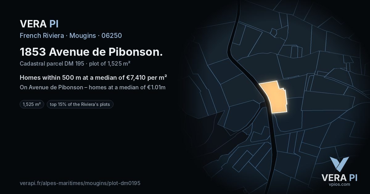 1853 Avenue de Pibonson, Mougins at night – the plot lit, the parcels around coloured by the prices near them