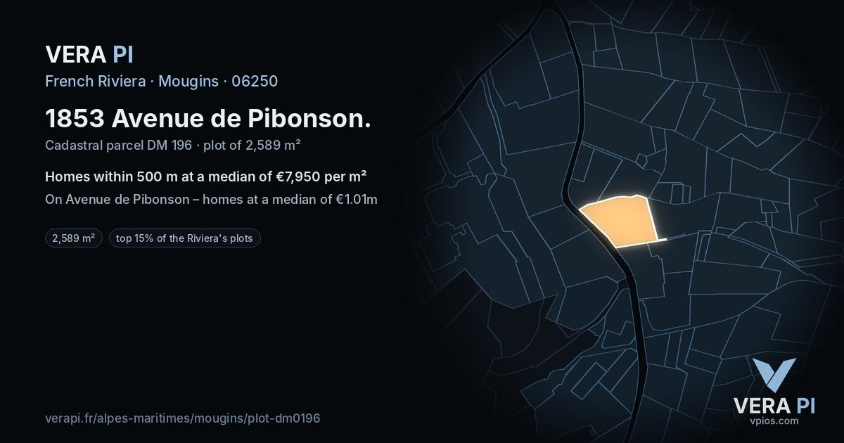 1853 Avenue de Pibonson, Mougins at night – the plot lit, the parcels around coloured by the prices near them